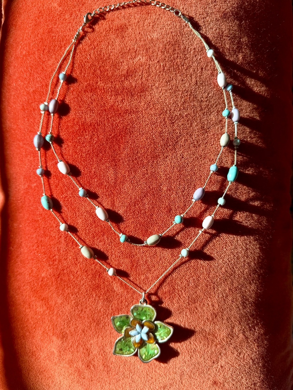 Green Enamel Layered Beaded Necklace with Flower Pendant
